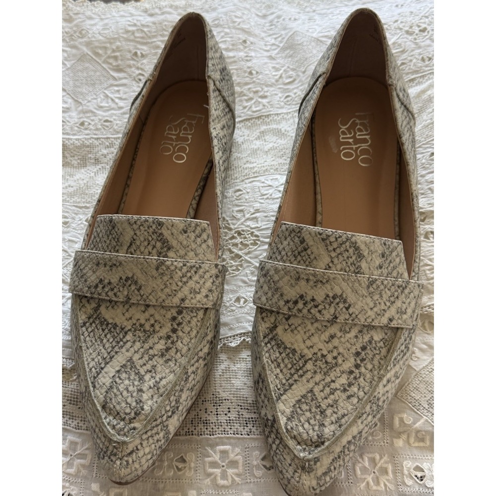 Franco Sarto Snakeskin-Print Pointed Toe Flats in Cream and Gray